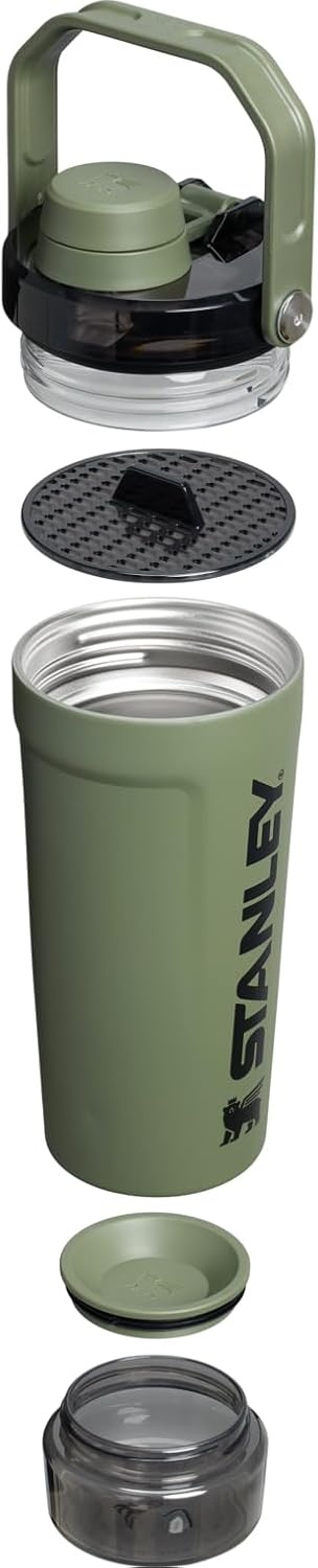 image:imageSTANLEY Vitalize Shaker Bottle 20 oz Leakproof Insulated Stainless Steel Shaker Cup Base Storage and Twist On Fast Flow Lid Protein Shakes and Pre Workout Powder BPAFree Chili BlackDried Pine