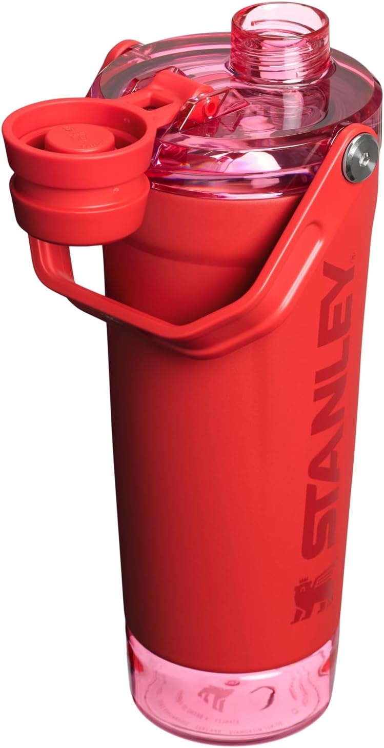 image:imageSTANLEY Vitalize Shaker Bottle 20 oz Leakproof Insulated Stainless Steel Shaker Cup Base Storage and Twist On Fast Flow Lid Protein Shakes and Pre Workout Powder BPAFree Chili BlackChili Red
