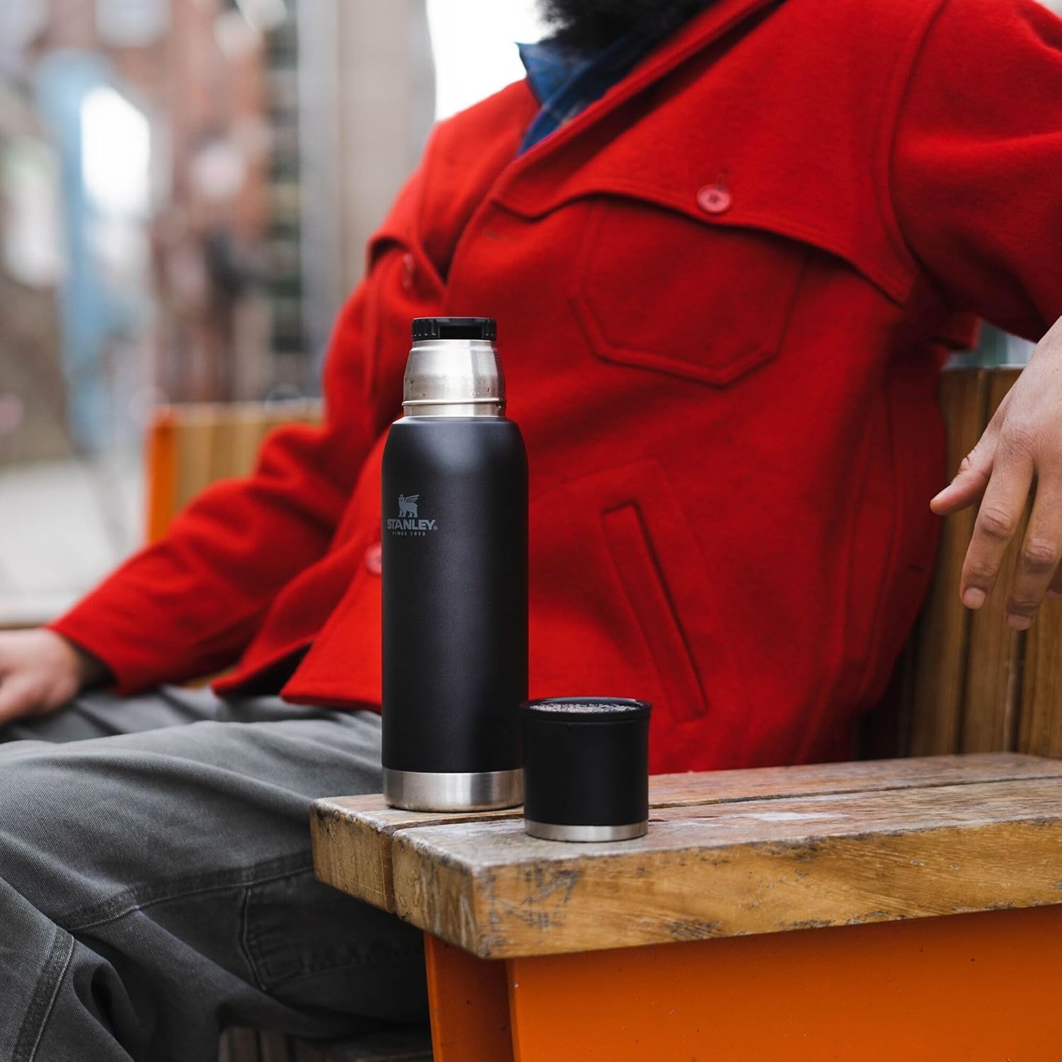 image:imageStanley AdventureToGo Vacuum Bottle 11 qt Wide Mouth with Leakproof Cup Lid Keep Drinks Hot or Cold Packable for Travel Insulated Stainless Steel Thermal Bottle BPAFree Chili RedBlack 20