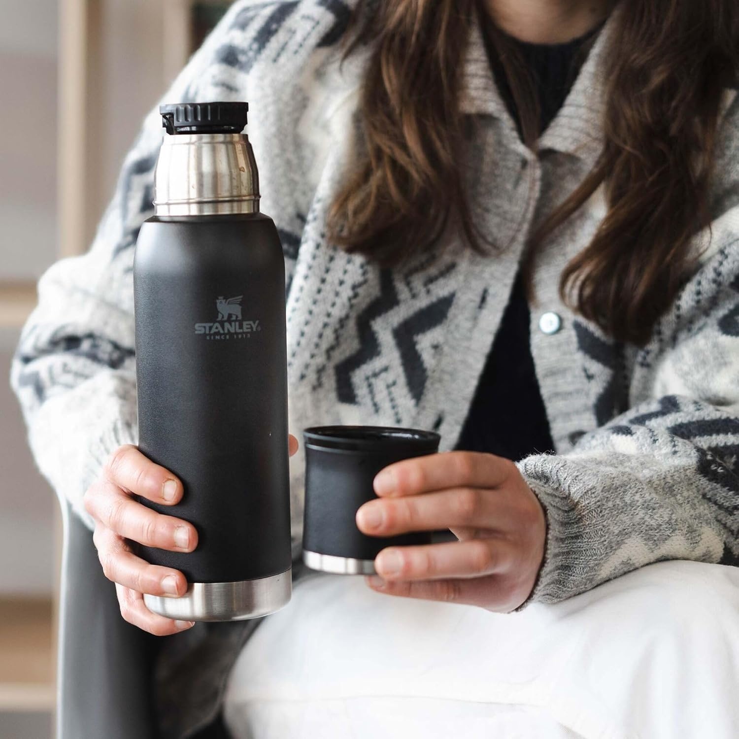 image:imageStanley AdventureToGo Vacuum Bottle 11 qt Wide Mouth with Leakproof Cup Lid Keep Drinks Hot or Cold Packable for Travel Insulated Stainless Steel Thermal Bottle BPAFree Chili RedBlack 20