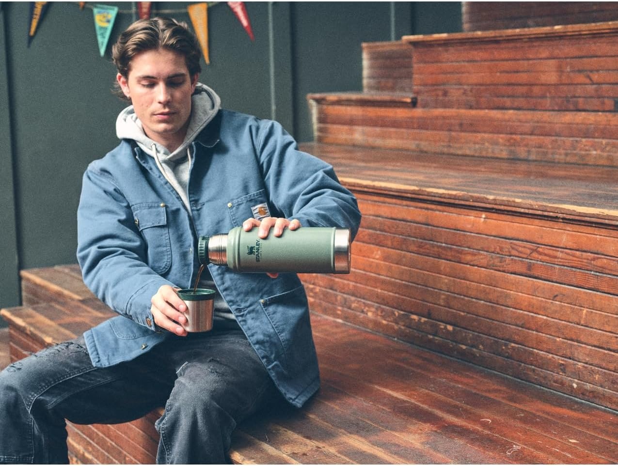 image:imageStanley Classic Legendary Vacuum Bottle 20 oz Wide Mouth with Leakproof Cup Lid Keep Drinks Hot or Cold Packable for Travel Insulated Stainless Steel Thermal Bottle BPAFree Black 20Hammertone Clay