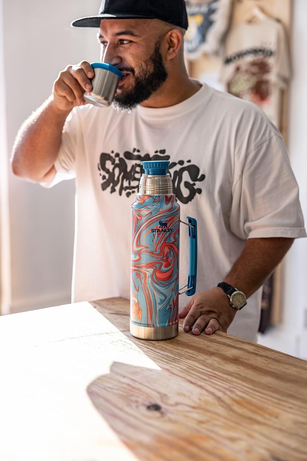 image:imageStanley Classic Legendary Vacuum Bottle 20 oz Wide Mouth with Leakproof Cup Lid Keep Drinks Hot or Cold Packable for Travel Insulated Stainless Steel Thermal Bottle BPAFree Black 20Pool Swirl