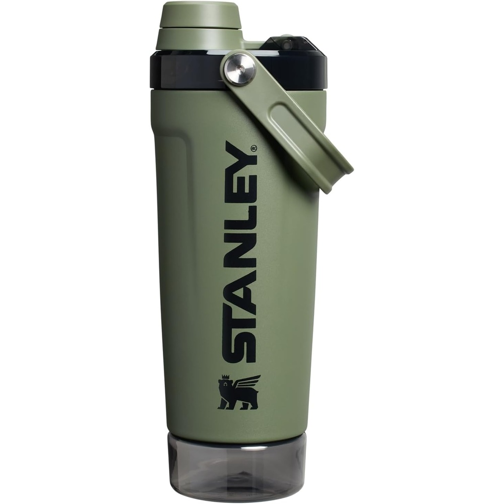 image:imageSTANLEY Vitalize Shaker Bottle 20 oz Leakproof Insulated Stainless Steel Shaker Cup Base Storage and Twist On Fast Flow Lid Protein Shakes and Pre Workout Powder BPAFree Chili BlackDried Pine