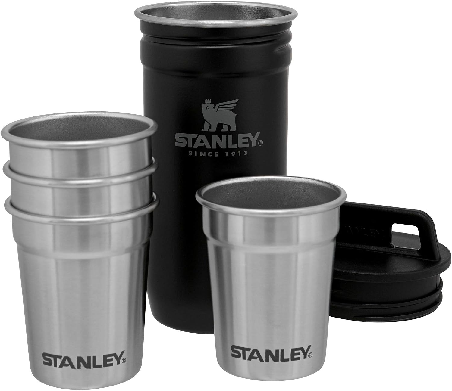 image:imageSTANLEY Adventure PreParty Nesting Shot Glass Set 4 Shot Glasses in Travel Carrying Case Insulated Stainless Steel BPAFree Hammertone GreenMatte Black