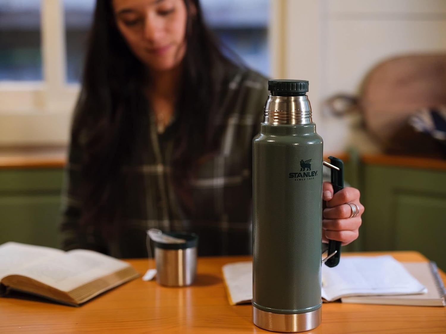 image:imageStanley Classic Legendary Vacuum Bottle 15 qt Wide Mouth with Leakproof Cup Lid Keep Drinks Hot or Cold Packable for Travel Insulated Stainless Steel Thermos BPAFree Hammertone Green