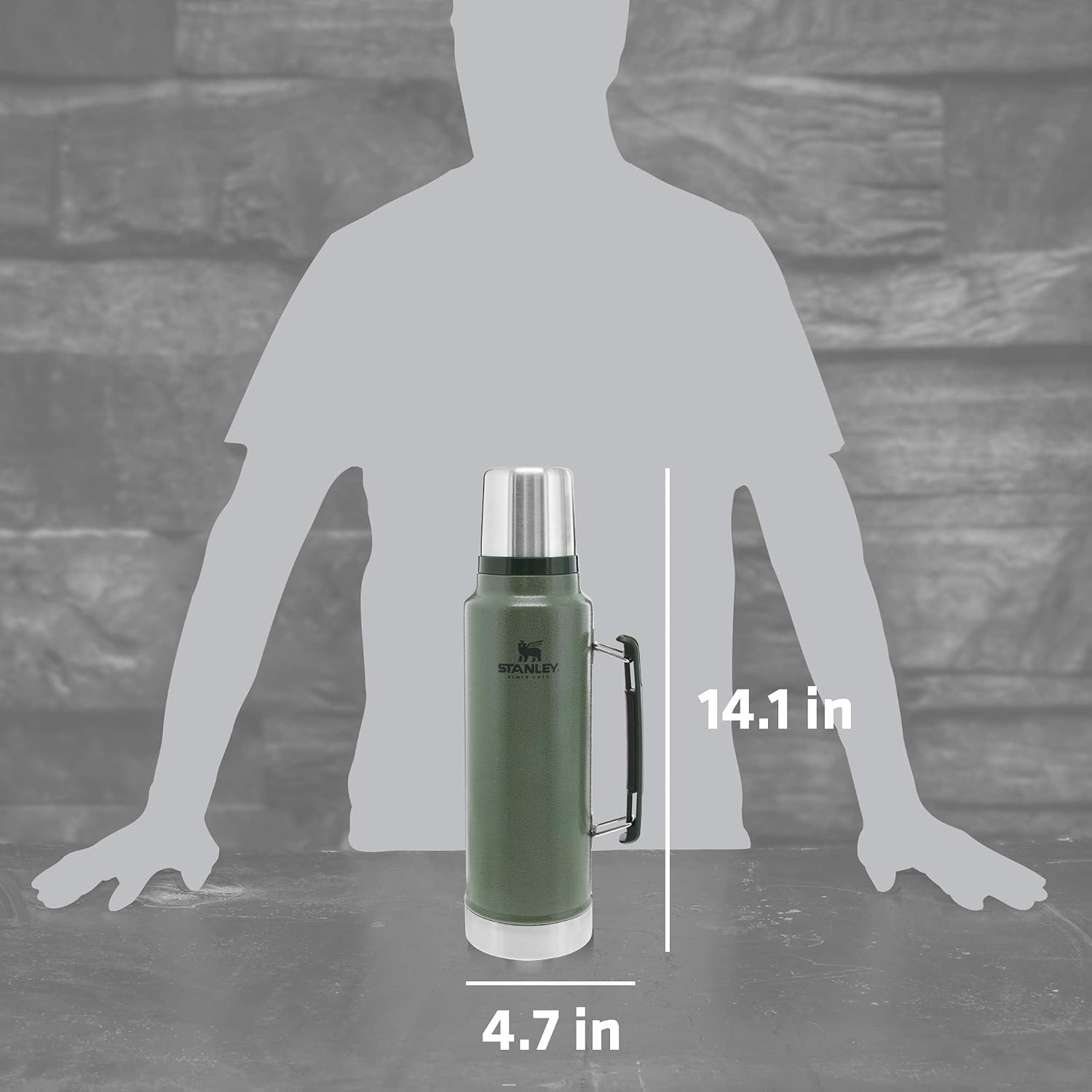 image:imageStanley Classic Legendary Vacuum Bottle 15 qt Wide Mouth with Leakproof Cup Lid Keep Drinks Hot or Cold Packable for Travel Insulated Stainless Steel Thermos BPAFree Hammertone Green