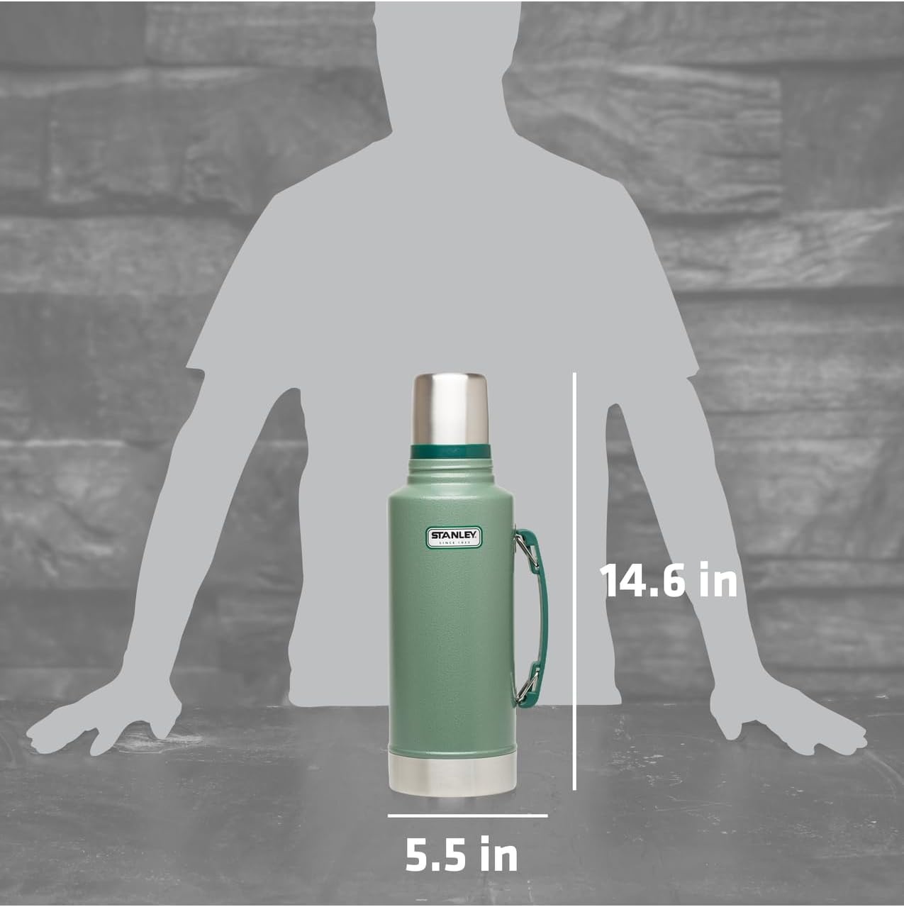 image:imageStanley Heritage Classic Vacuum Bottle with Handle 20 qt Wide Mouth with Leakproof Cup Lid Keep Drinks Hot or Cold for Travel Insulated Stainless Steel Thermal Bottle Hammertone GreenHammertone Green