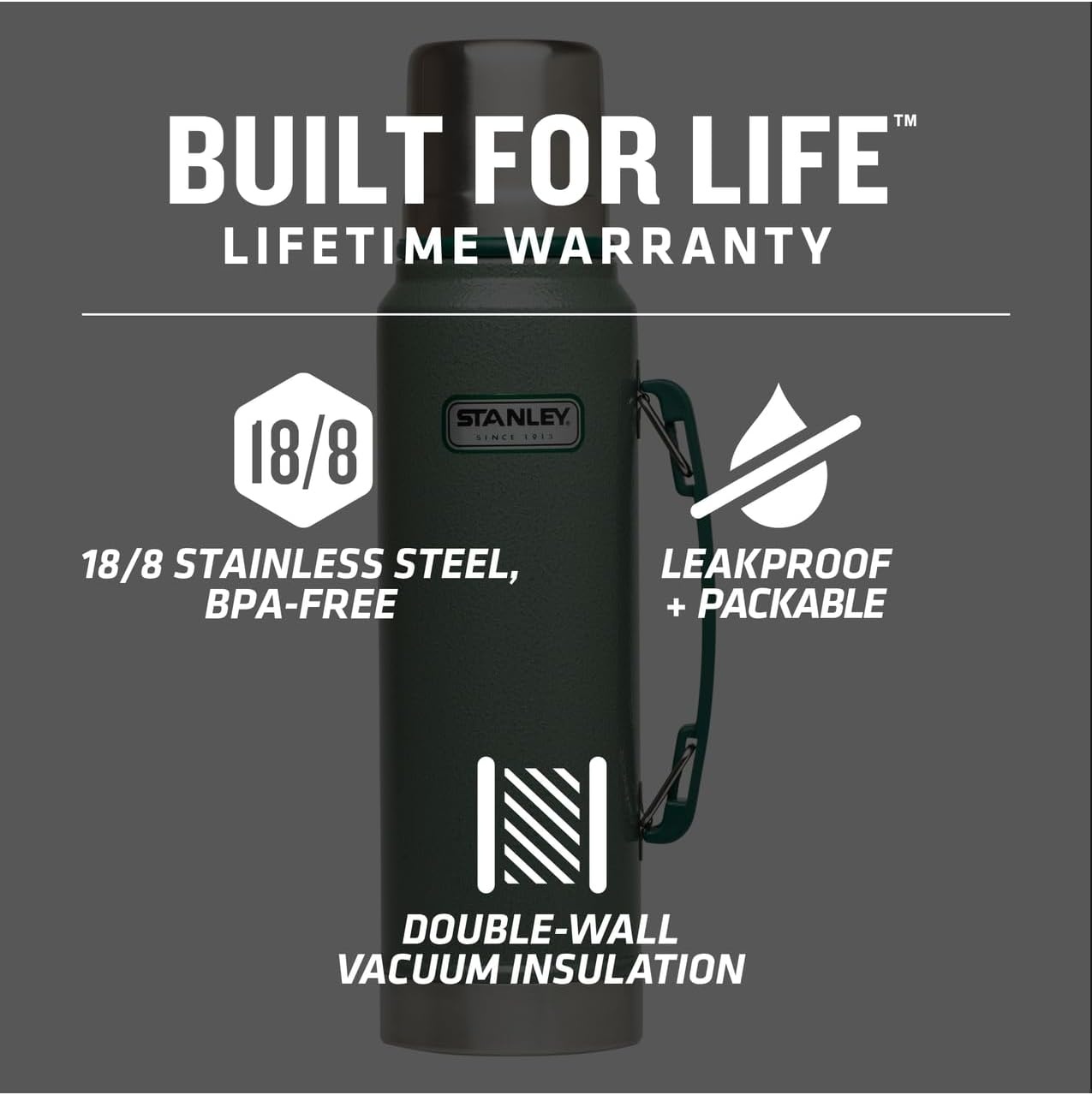 image:imageStanley Heritage Classic Vacuum Bottle with Handle 20 qt Wide Mouth with Leakproof Cup Lid Keep Drinks Hot or Cold for Travel Insulated Stainless Steel Thermal Bottle Hammertone GreenHammertone Green