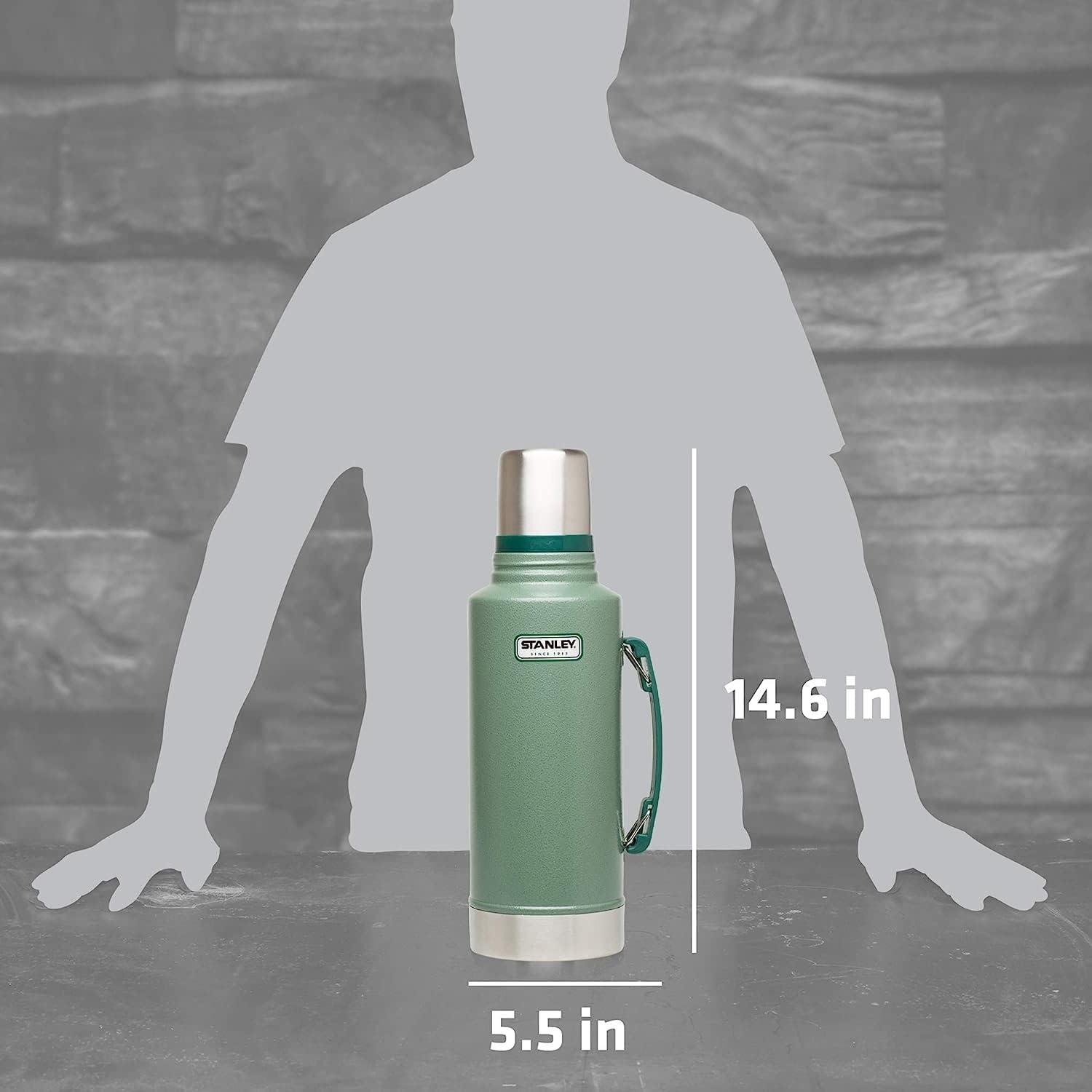 image:imageStanley Heritage Classic Vacuum Bottle with Handle 20 qt Wide Mouth with Leakproof Cup Lid Keep Drinks Hot or Cold for Travel Insulated Stainless Steel Thermal Bottle Hammertone GreenHammertone Green