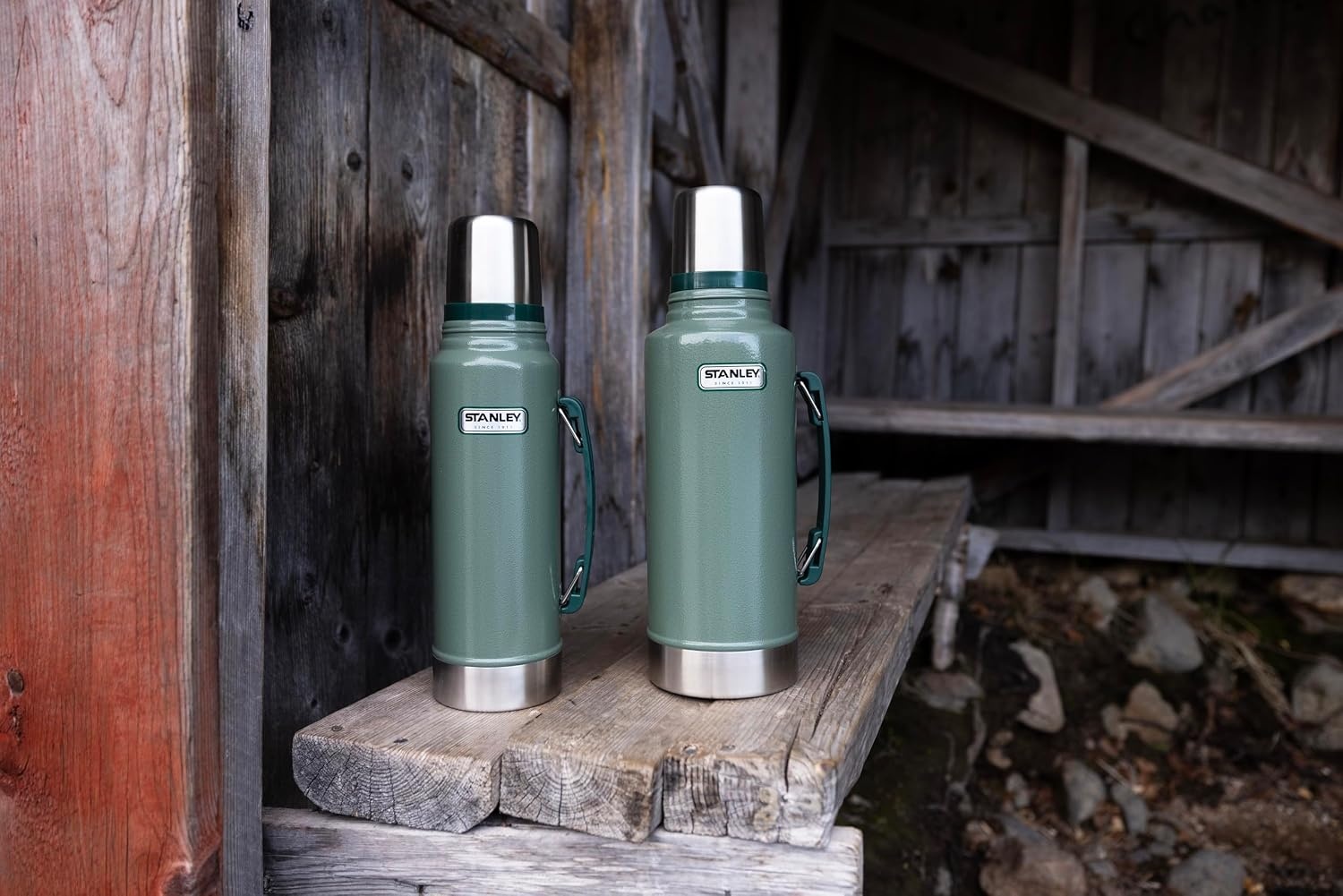 image:imageStanley Heritage Classic Vacuum Bottle with Handle 20 qt Wide Mouth with Leakproof Cup Lid Keep Drinks Hot or Cold for Travel Insulated Stainless Steel Thermal Bottle Hammertone GreenHammertone Green