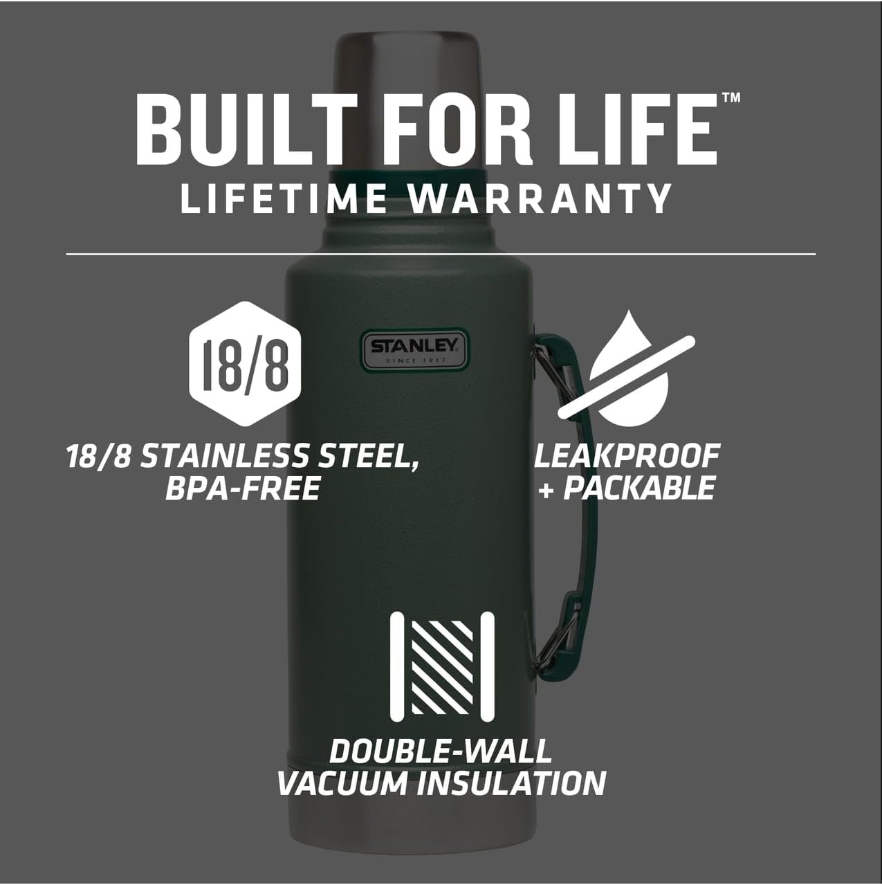 image:imageStanley Heritage Classic Vacuum Bottle with Handle 20 qt Wide Mouth with Leakproof Cup Lid Keep Drinks Hot or Cold for Travel Insulated Stainless Steel Thermal Bottle Hammertone GreenHammertone Green