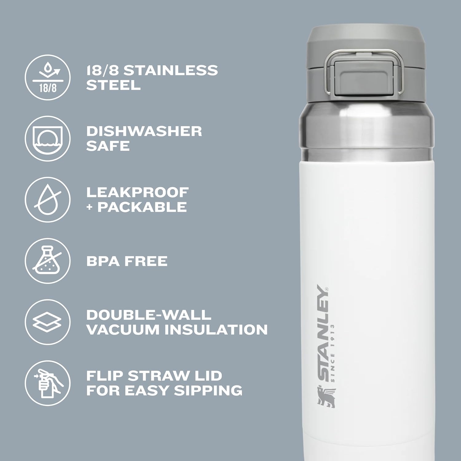 image:imageStanley Quick Flip GO Water Bottle 24 oz Push Button Lid Leakproof and Packable for Travel and Sports Insulated Stainless Steel BPAFree Mist24 Ounces Pack of 4