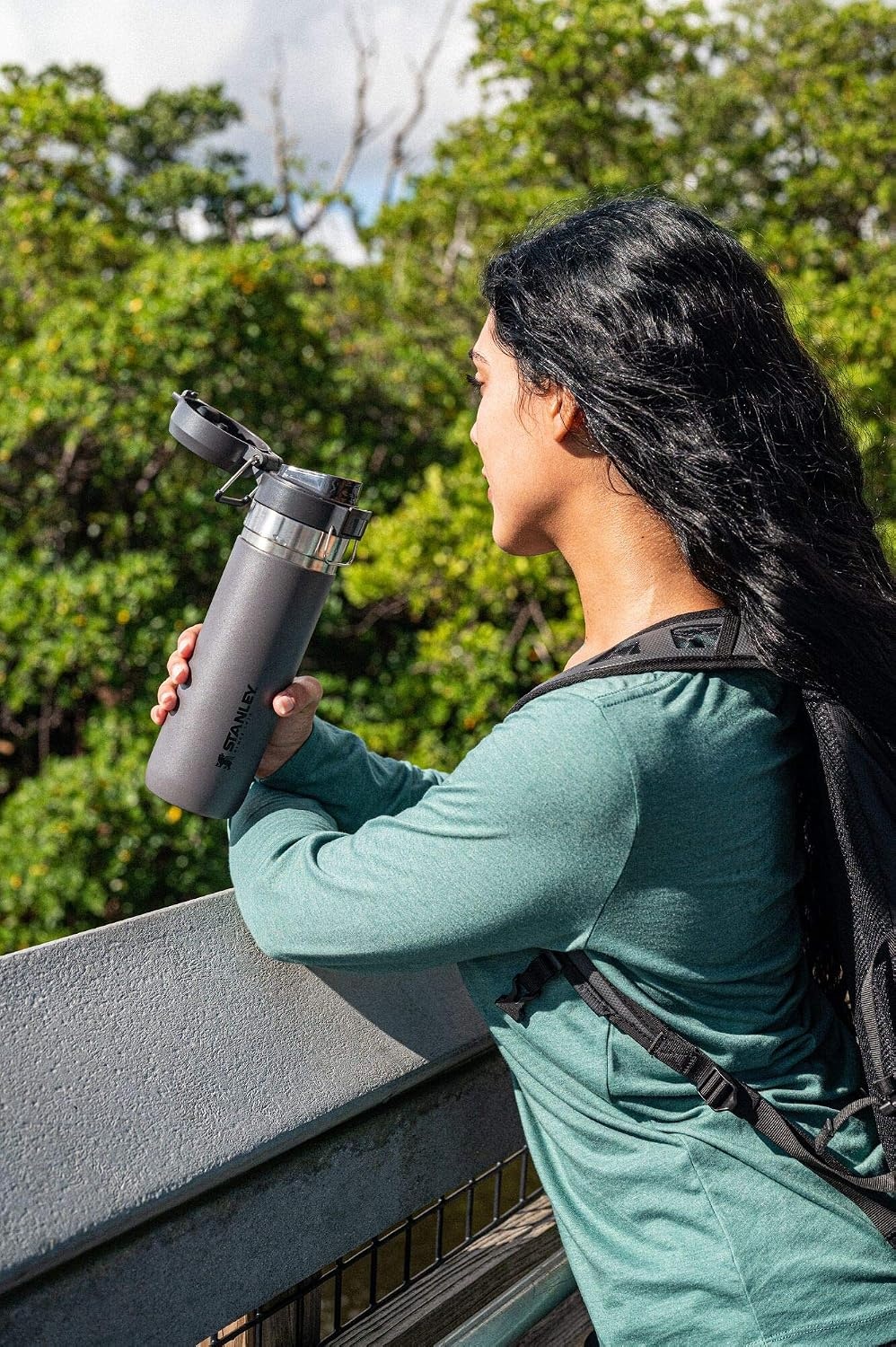 image:imageStanley Quick Flip GO Water Bottle 36 oz Push Button Lid Leakproof and Packable for Travel and Sports Insulated Stainless Steel BPAFree BlackCarbn
