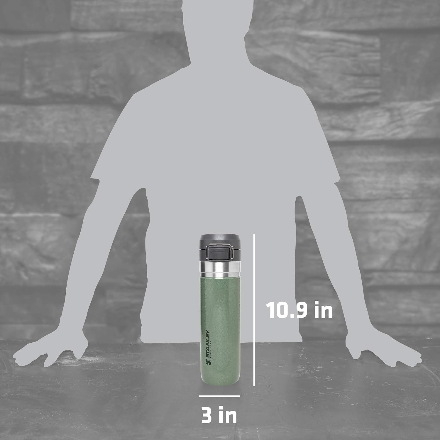 image:imageStanley Quick Flip GO Water Bottle 36 oz Push Button Lid Leakproof and Packable for Travel and Sports Insulated Stainless Steel BPAFree BlackHammertone Green