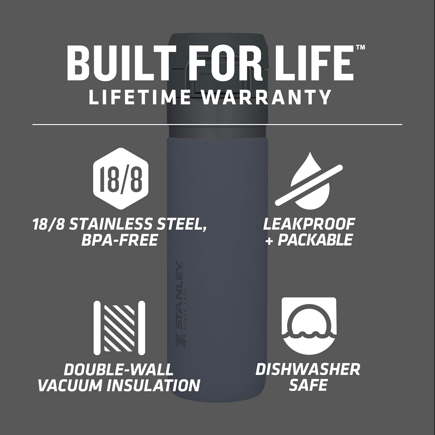 image:imageStanley Quick Flip GO Water Bottle 36 oz Push Button Lid Leakproof and Packable for Travel and Sports Insulated Stainless Steel BPAFree BlackLilac