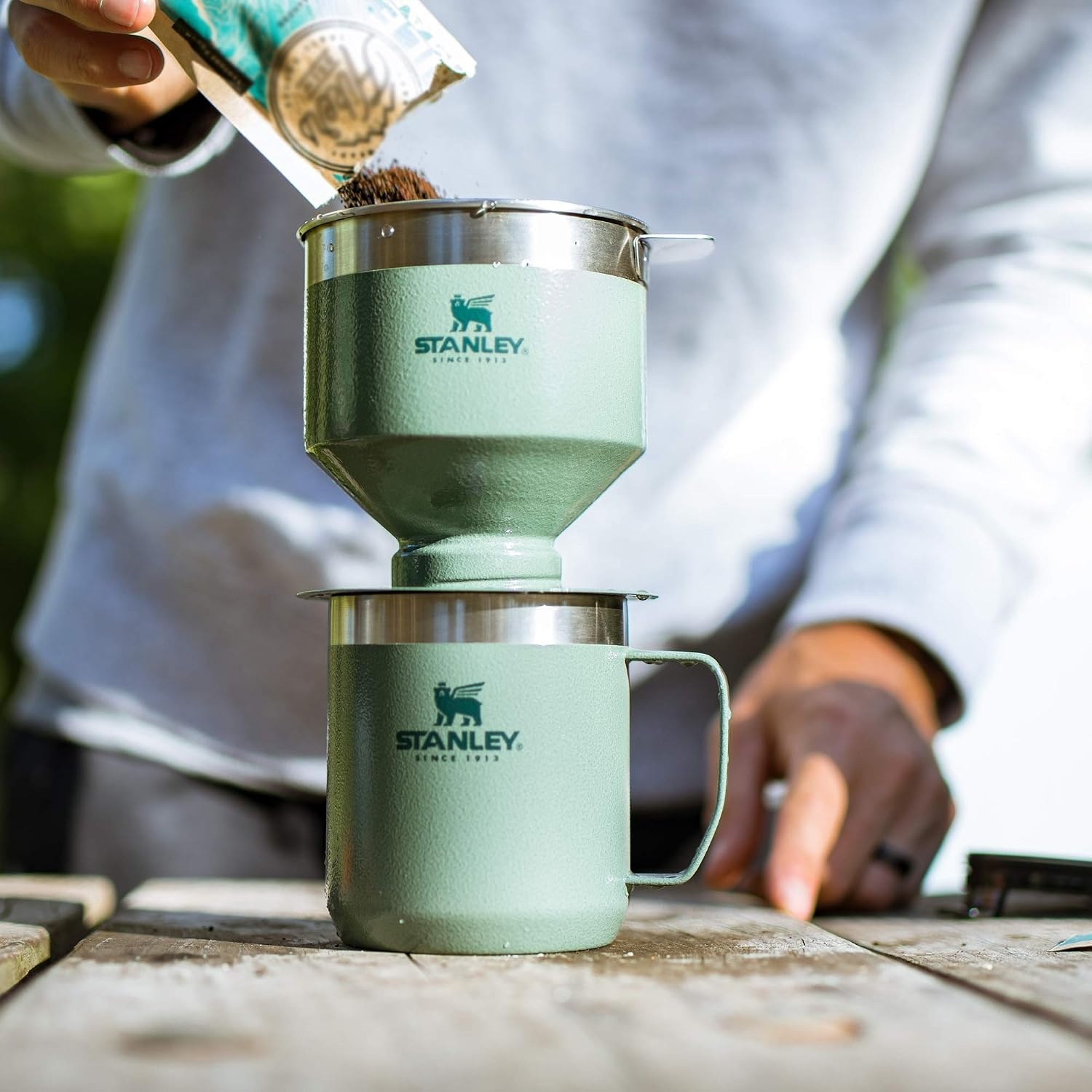 image:imageSTANLEY Perfect Brew Pour Over Set 12 oz Camp Mug with Lid Included Drip Coffee Maker with Reusable Filter Insulated Stainless Steel BPAFree Cream GlossHammertone Green