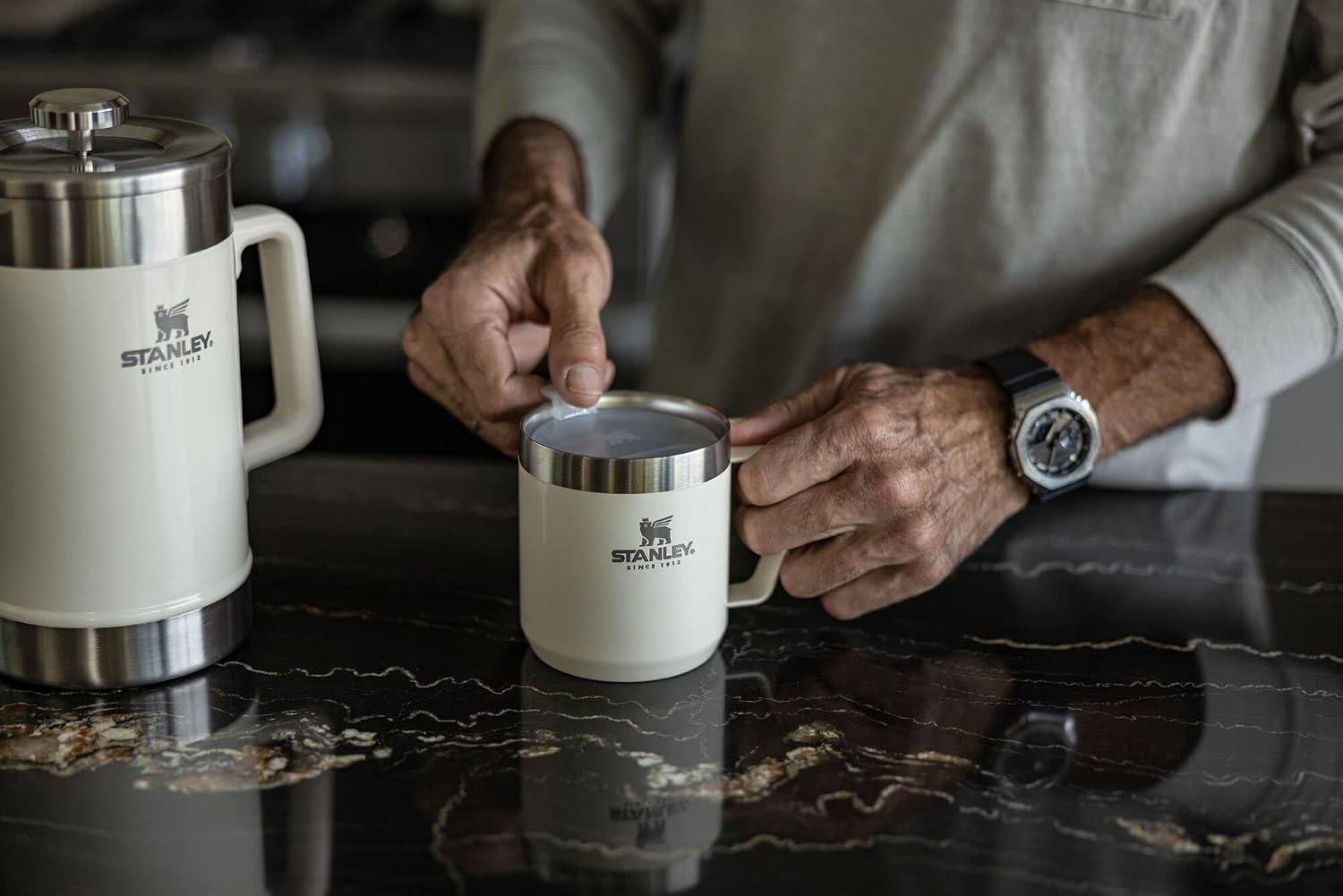 image:imageSTANLEY StayHot Camp Mug Press Fit Drink Through Lid Cup for Coffee Tea and Drinks Insulated Stainless Steel Coffee Mug BPAFreeCream Gloss