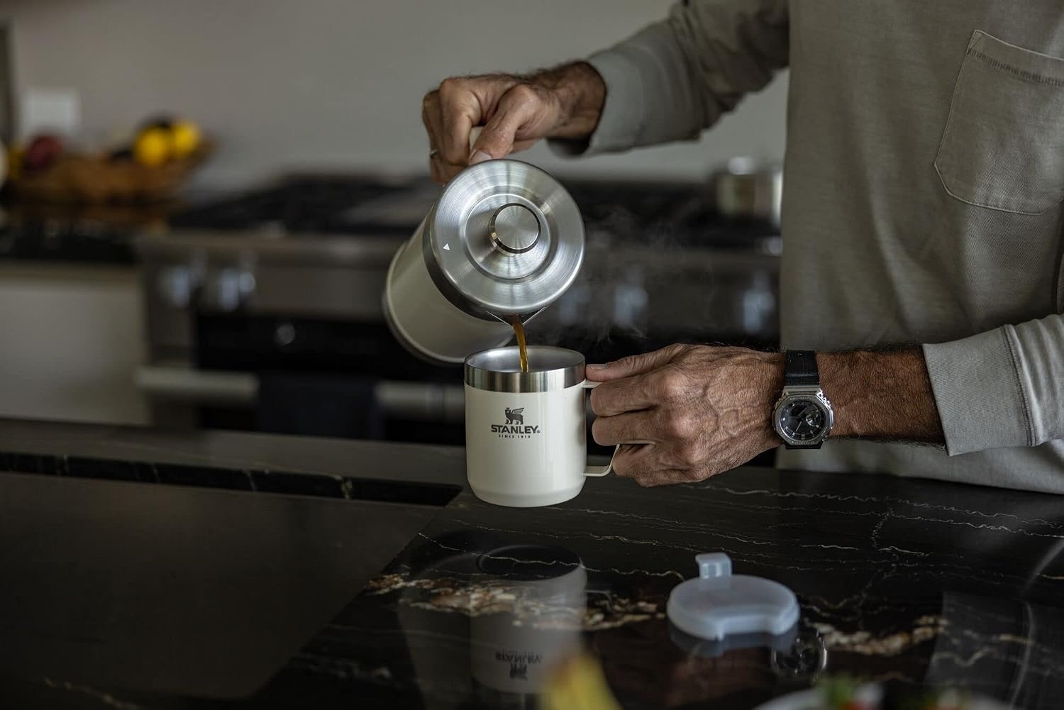 image:imageSTANLEY StayHot Camp Mug Press Fit Drink Through Lid Cup for Coffee Tea and Drinks Insulated Stainless Steel Coffee Mug BPAFreeCream Gloss