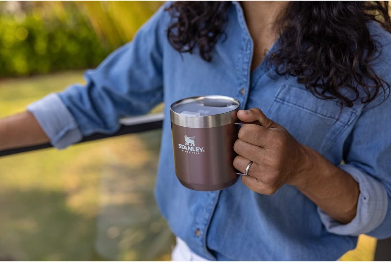 image:imageSTANLEY StayHot Camp Mug Press Fit Drink Through Lid Cup for Coffee Tea and Drinks Insulated Stainless Steel Coffee Mug BPAFreeRose Quartz Glow