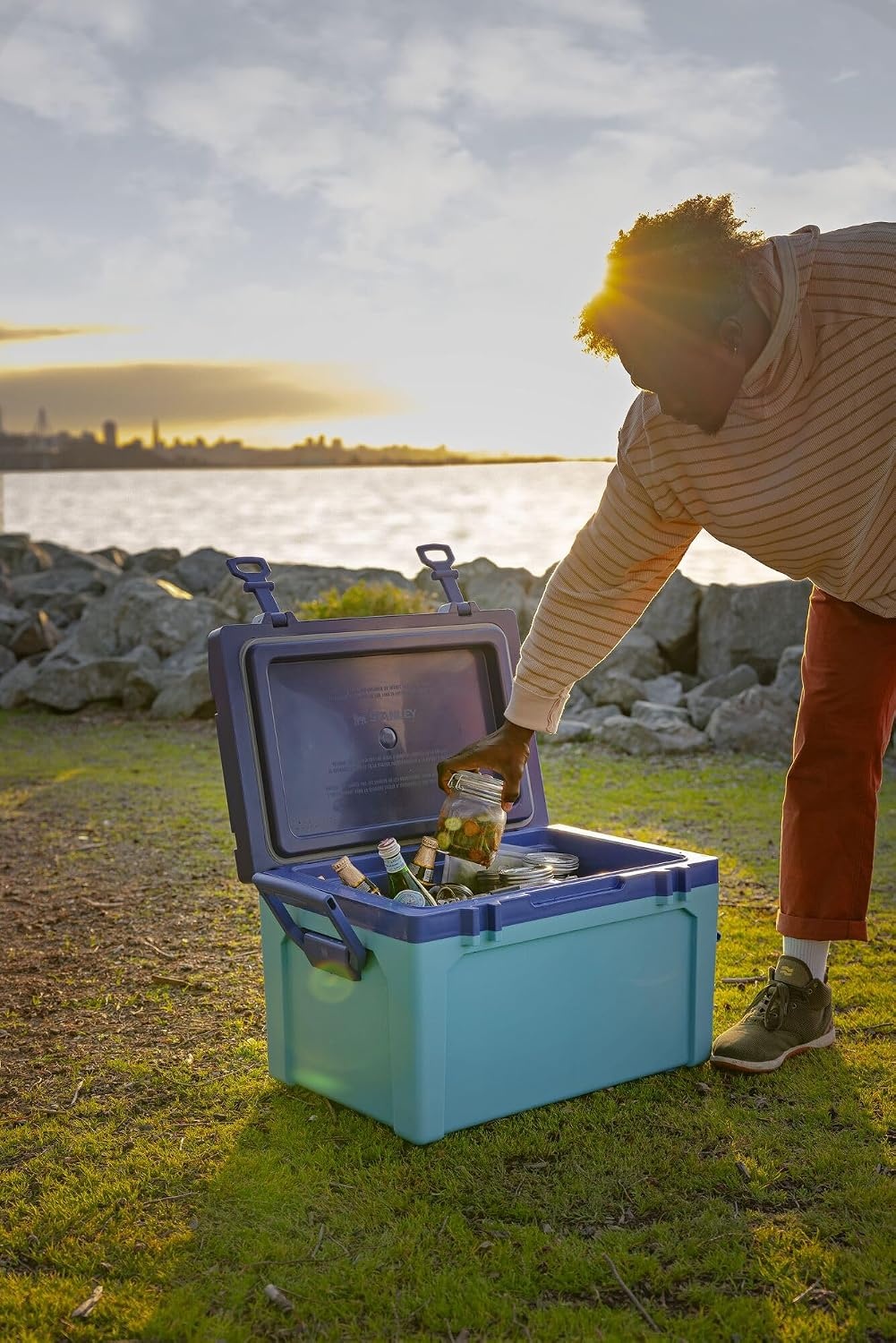 image:imageStanley Adventure Outdoor Cooler 30 qt Heavy Duty Outdoor Camping Cooler with Easy Carry Side Handles 4 Days Cooling Ice Chest for 40 Cans Flat Top Doubles as Seat BPAFree AzureSycamore
