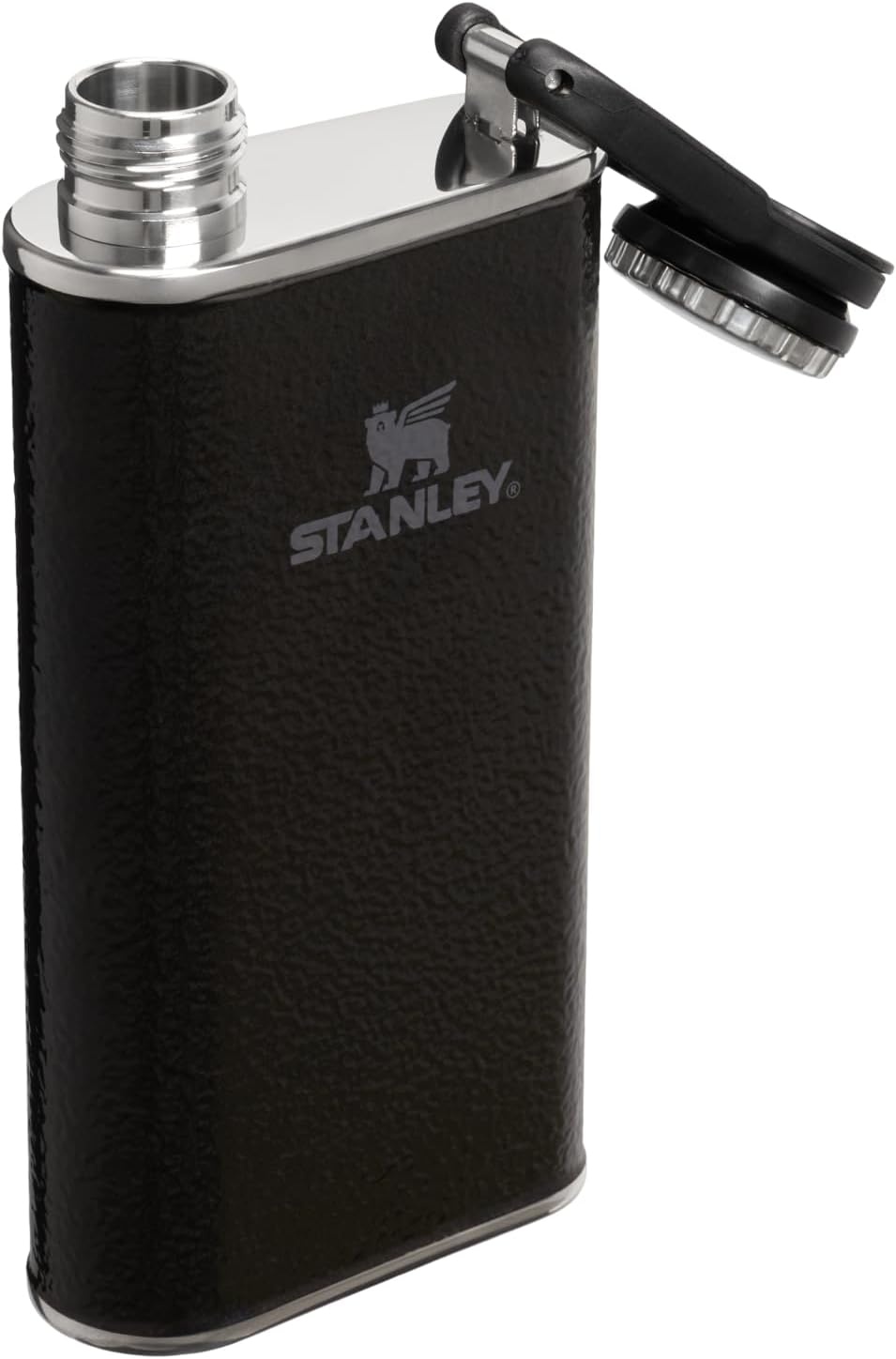 image:imageStanley Classic Easy Fill Wide Mouth Flask 8 oz Leakproof Hip Flask Hinge Connected Never Lose Cap Insulated Stainless Steel Liquor Container BPAFree Hammertone Black