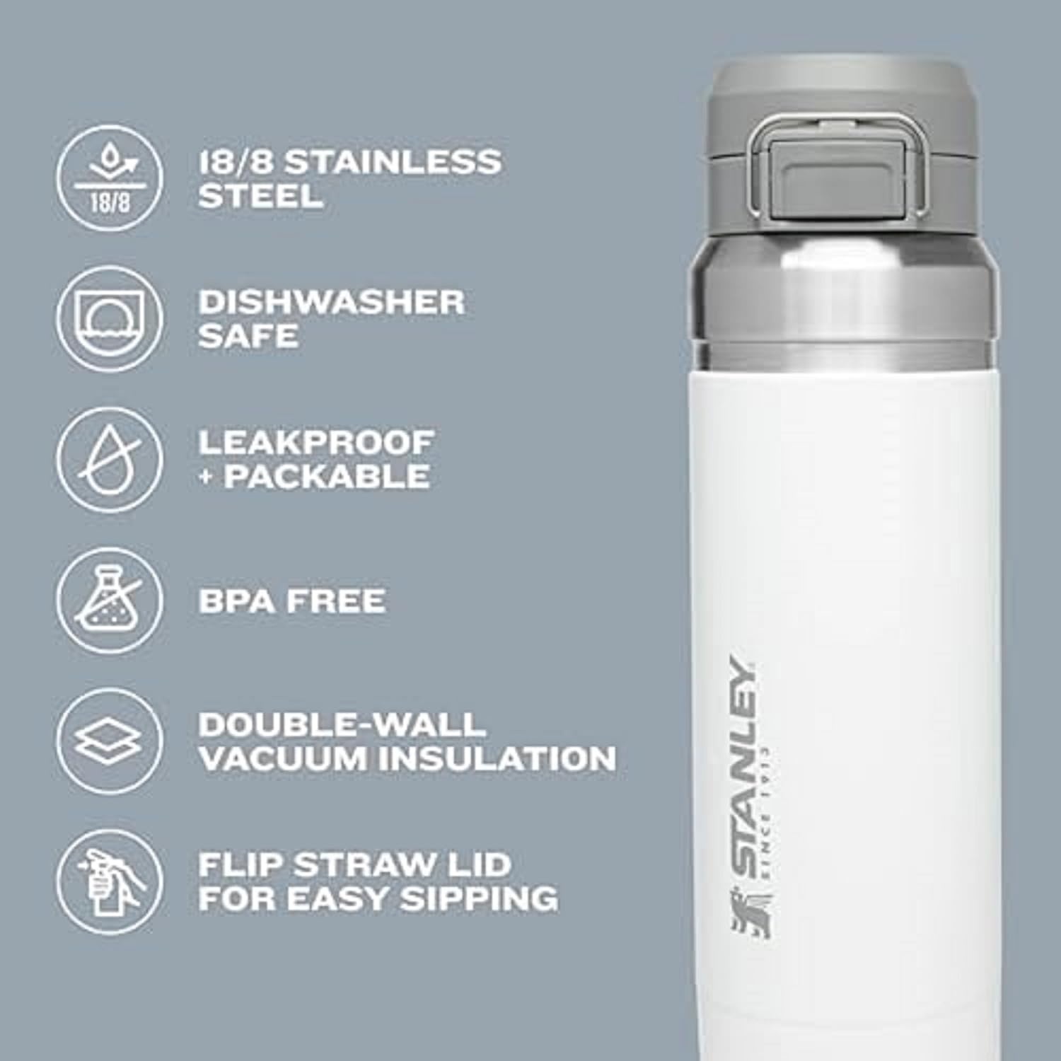 image:imageStanley Quick Flip GO Water Bottle 24 oz Push Button Lid Leakproof and Packable for Travel and Sports Insulated Stainless Steel BPAFree Polar24 Ounces