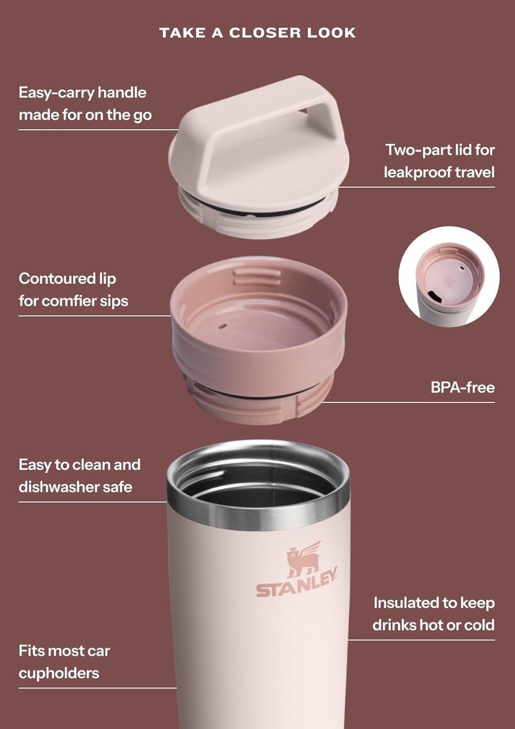 image:imageSTANLEY Cafe To Go Travel Mug 16 oz Leakproof TwoPart Drink Through Lid Tumbler Cup for Coffee Tea and Drinks Insulated Stainless Steel Coffee Mug BPAFree Blue Dream Stone