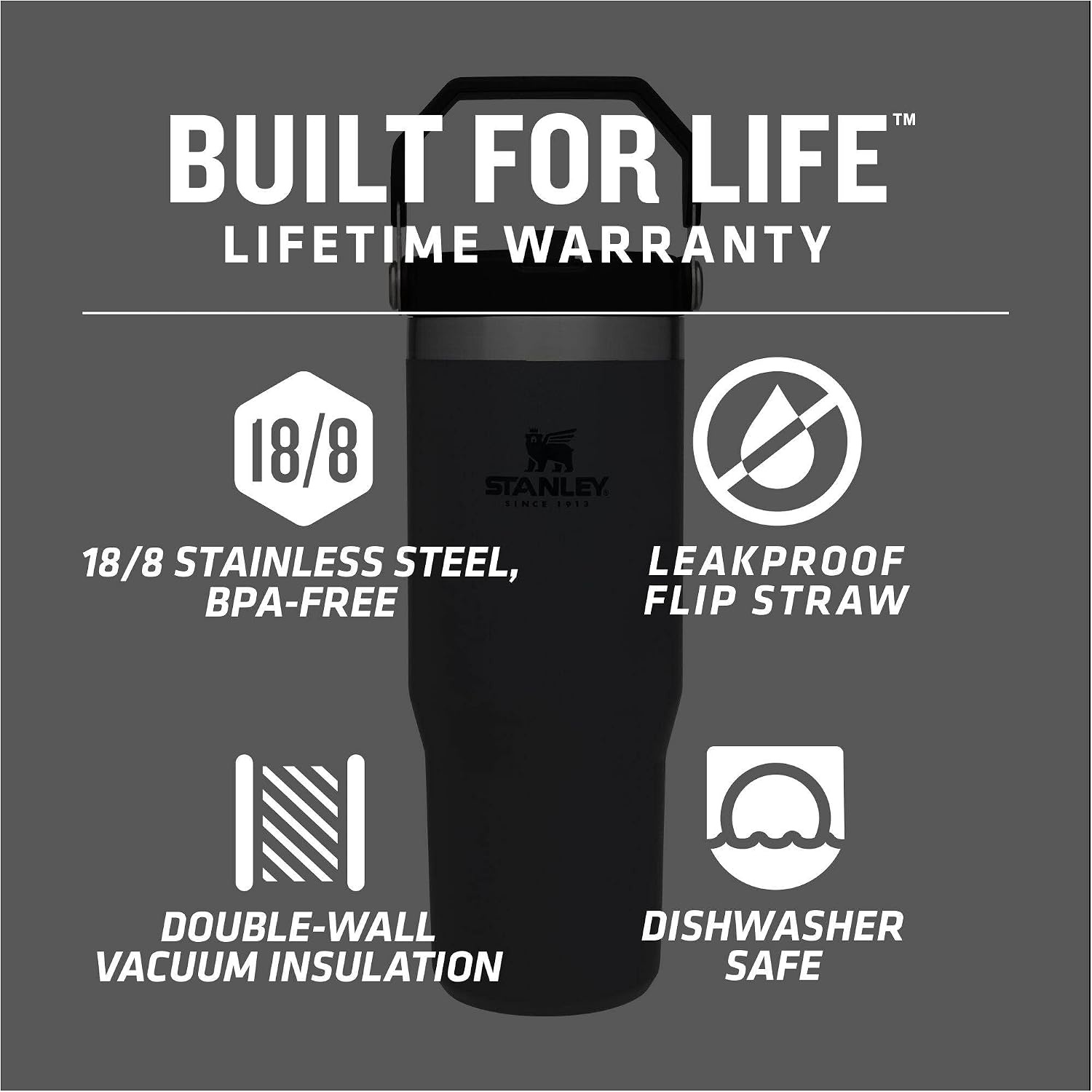 image:imageSTANLEY IceFlow 20 Flip Straw Tumbler 30 oz Pacific Hypergrip Easy Carry Handle Twist On Lid and Flip Up Straw Leak Resistant Water Bottle Insulated Stainless Steel BPAFreeCharcoal