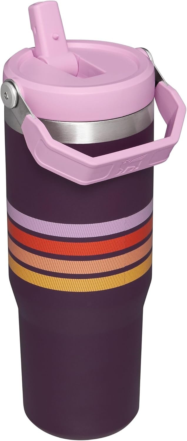 image:imageSTANLEY IceFlow 20 Flip Straw Tumbler 30 oz Pacific Hypergrip Easy Carry Handle Twist On Lid and Flip Up Straw Leak Resistant Water Bottle Insulated Stainless Steel BPAFreePlum Stripe