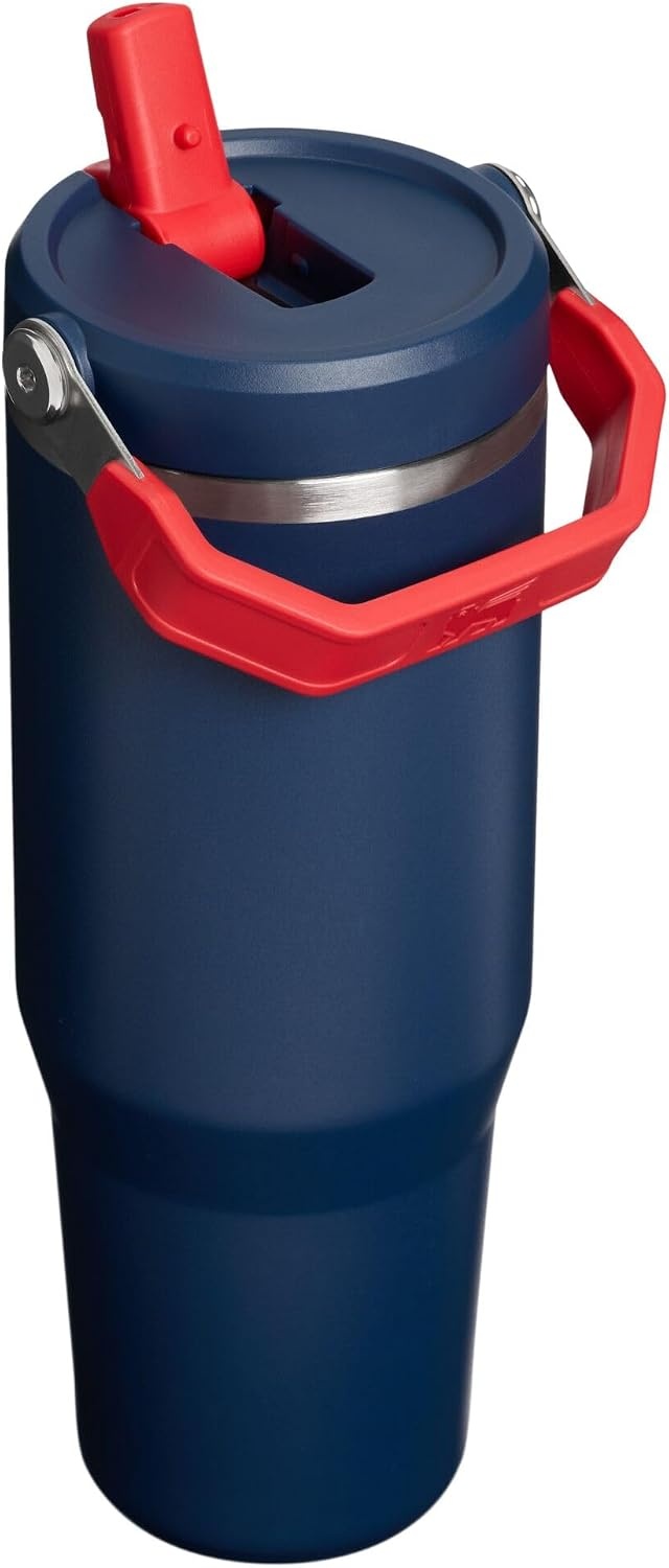 image:imageSTANLEY IceFlow 20 Flip Straw Tumbler 30 oz Pacific Hypergrip Easy Carry Handle Twist On Lid and Flip Up Straw Leak Resistant Water Bottle Insulated Stainless Steel BPAFreeTeam Navy Red