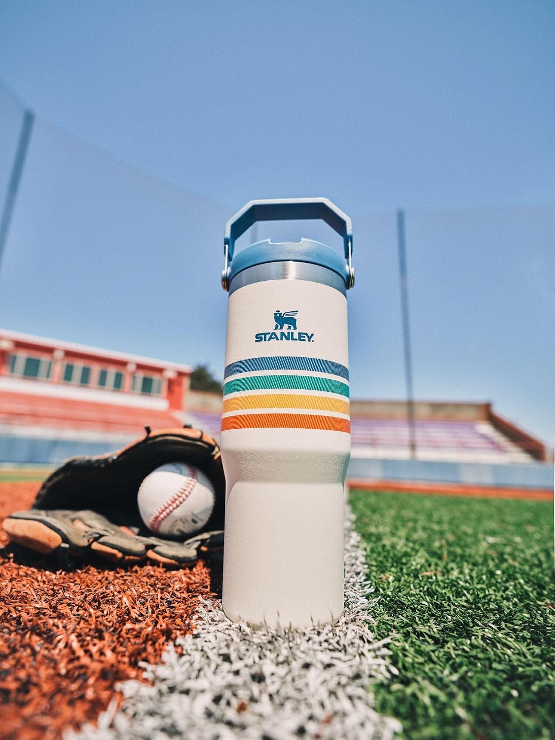 image:imageSTANLEY IceFlow 20 Flip Straw Tumbler 30 oz Pacific Hypergrip Easy Carry Handle Twist On Lid and Flip Up Straw Leak Resistant Water Bottle Insulated Stainless Steel BPAFreeCream Stripe