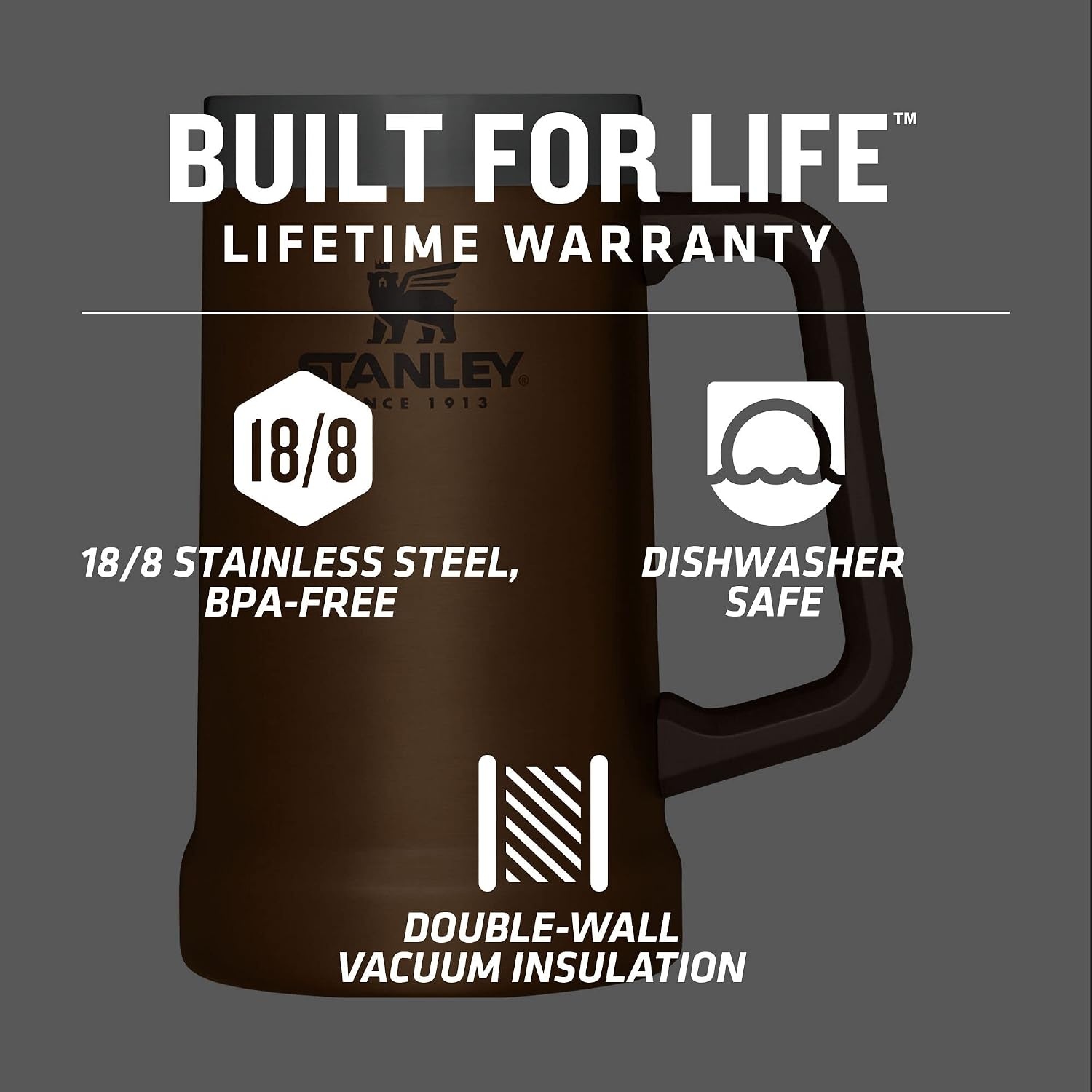 image:imageSTANLEY StayChill Beer Stein 24 oz Heavy Duty Big Grip Handle Beer Tumbler Drink Cup Holds 2 Cans Insulated Stainless Steel Party Mug BPAFree Black 20Maple