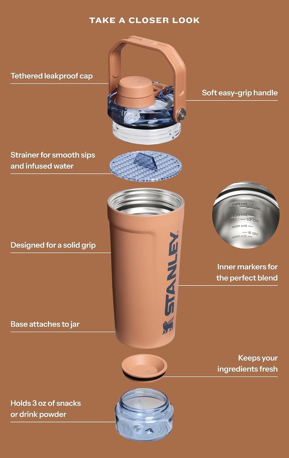 image:imageSTANLEY Vitalize Shaker Bottle 20 oz Azure Leakproof Shaker Bottle FastFlow Spout Removable Strainer EasyGrip Handle Base Container DoubleWall InsulationDried Pine