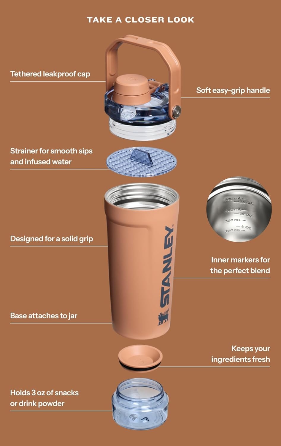 image:imageSTANLEY Vitalize Shaker Bottle 20 oz Azure Leakproof Shaker Bottle FastFlow Spout Removable Strainer EasyGrip Handle Base Container DoubleWall InsulationChalk