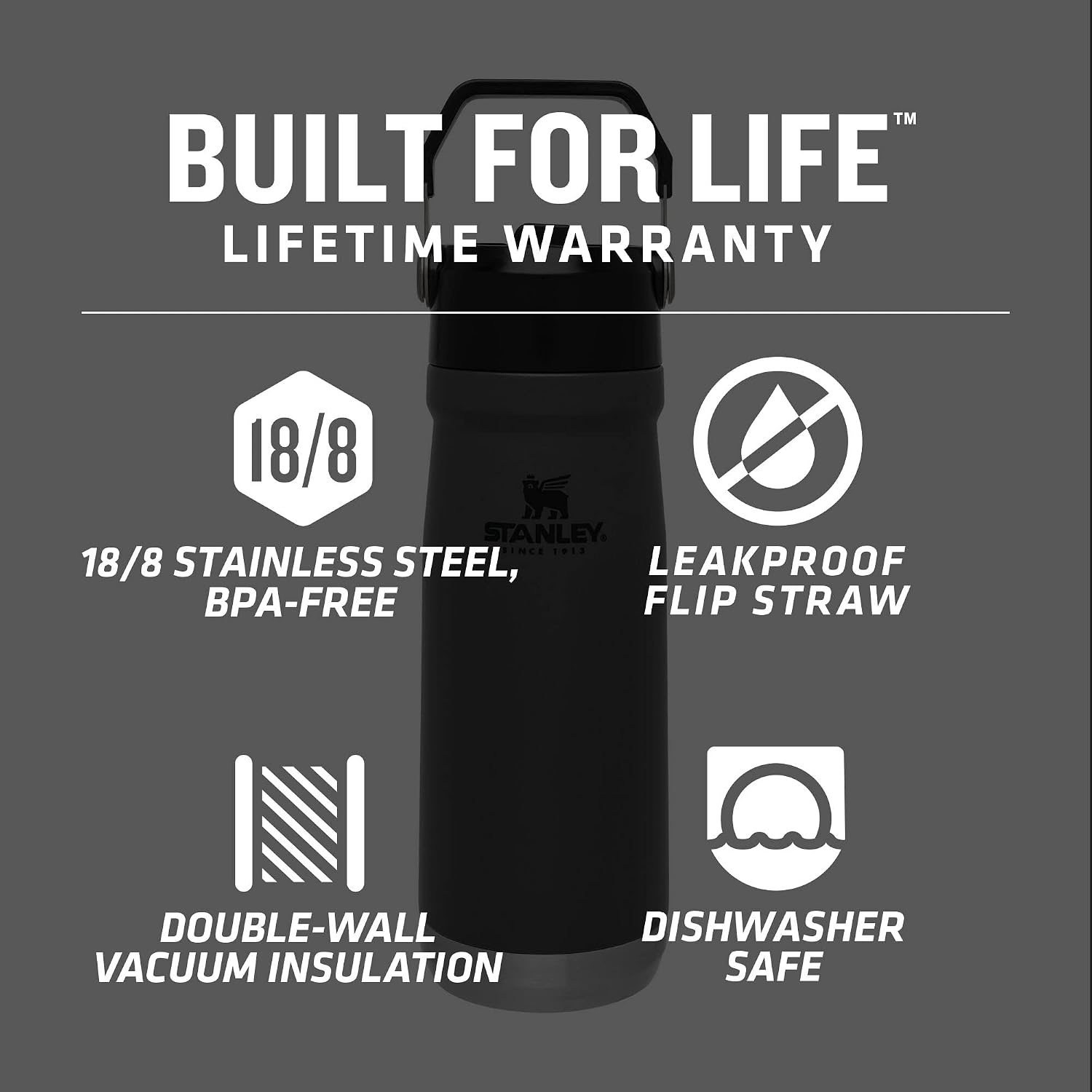 image:imageSTANLEY IceFlow Flip Straw Water Bottle 17 oz BuiltIn Straw for Travel and Sports Lightweight and Leak Resistant Insulated Stainless Steel BPAFree PolarCharcoal